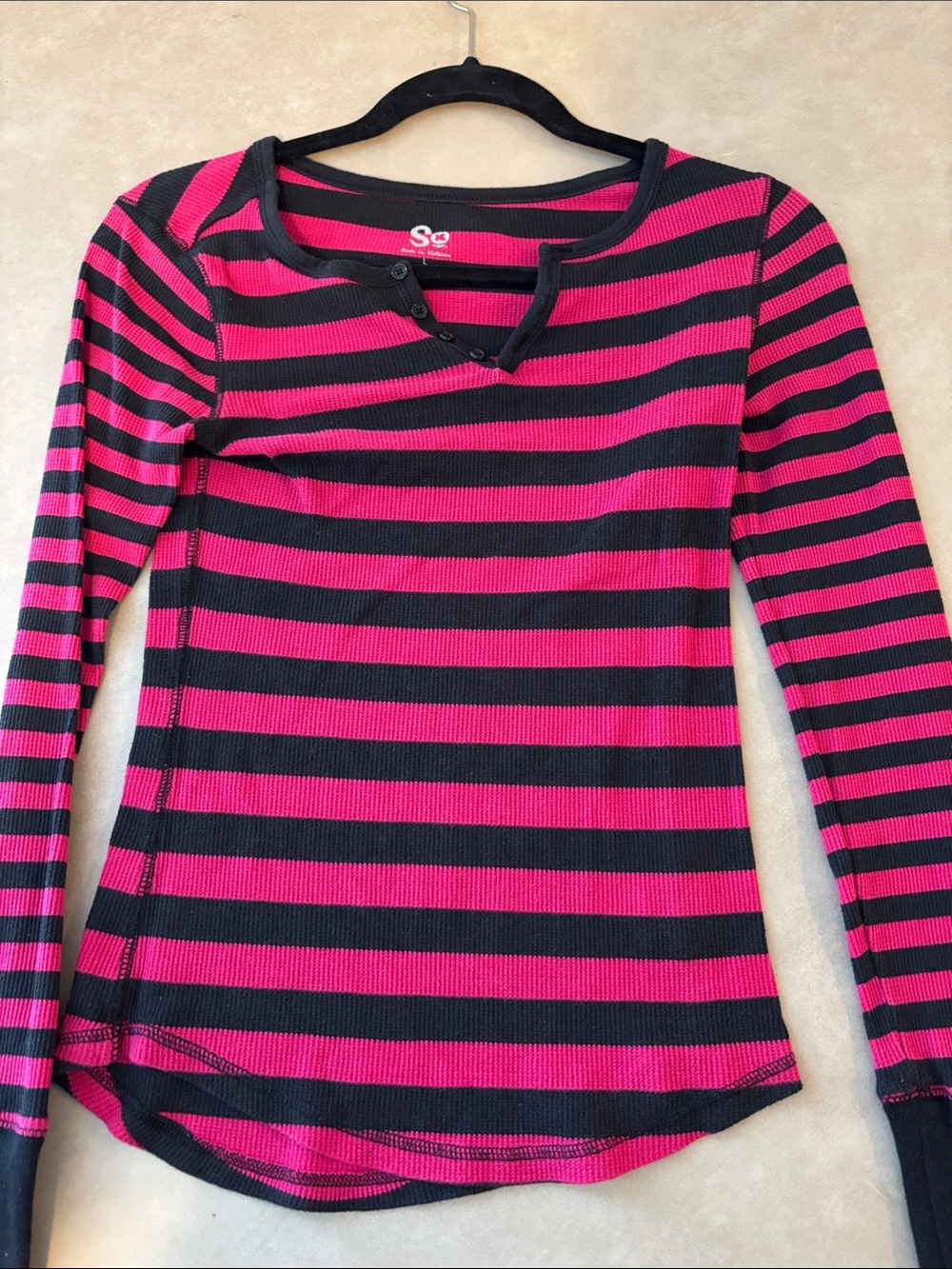 SO Black and Hot Pink Striped Ribbed Henley